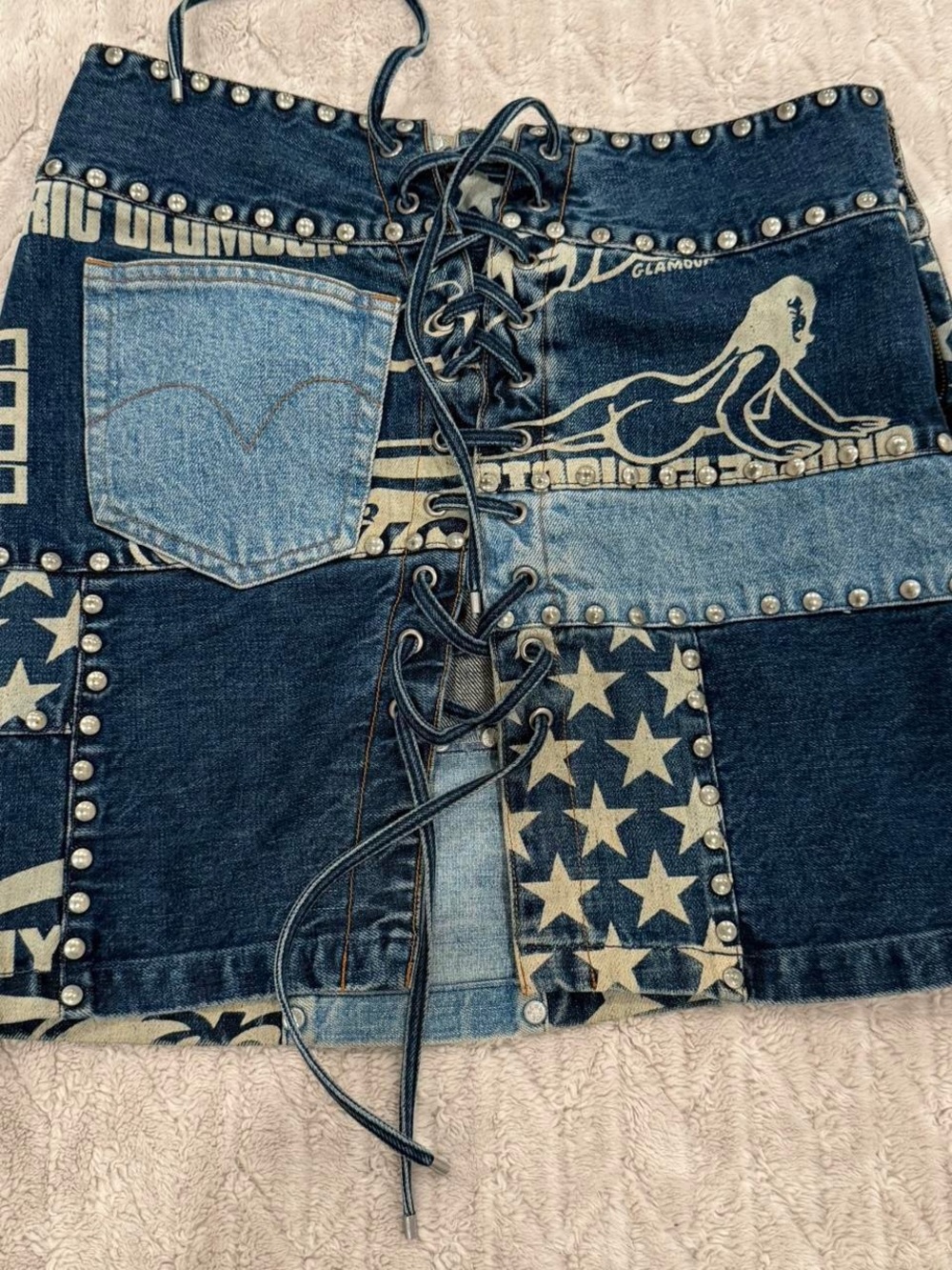 Denim Patchwork Lace-Up Mini Skirt in Blue